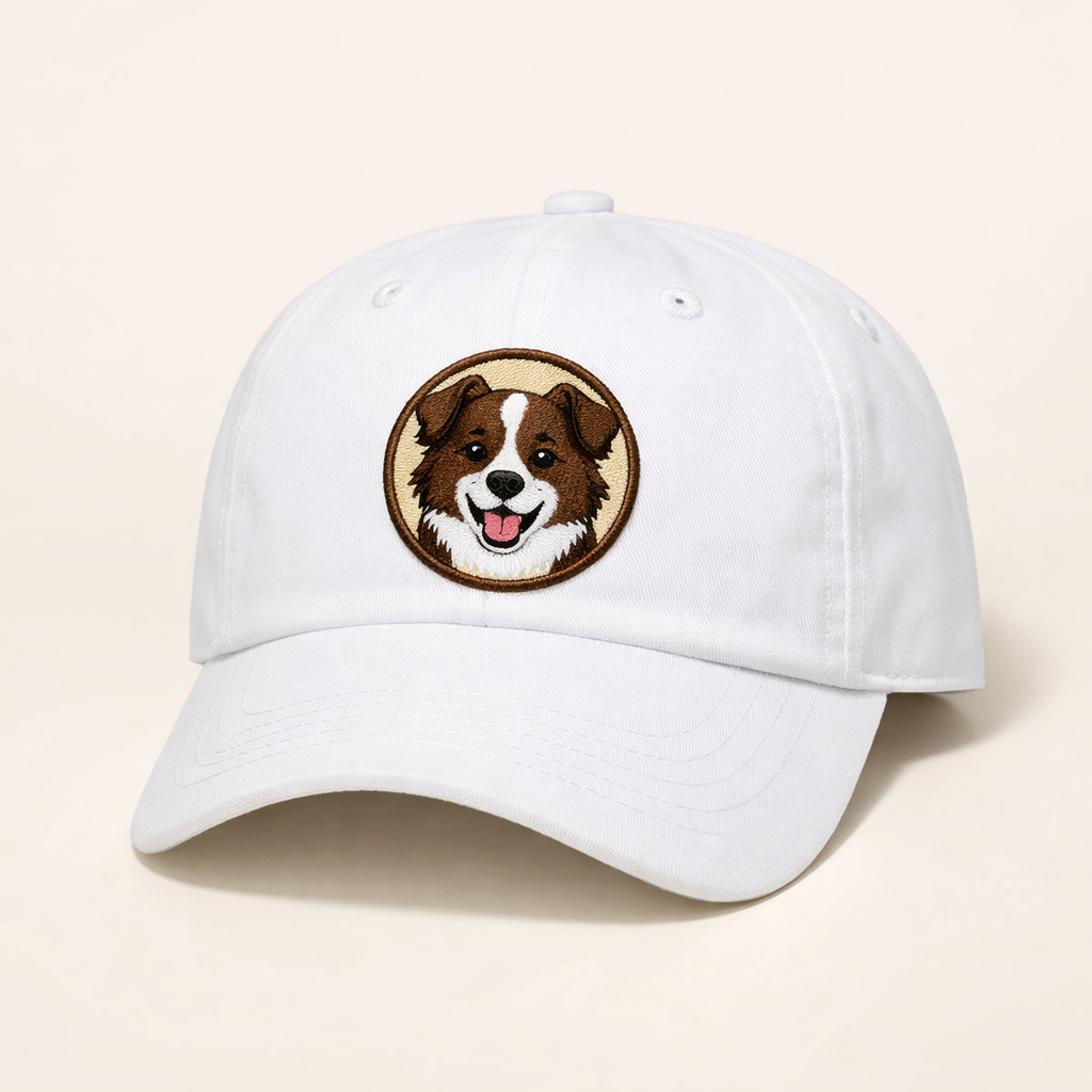 Custom Pet Portrait Hat with border collie embroidered patch on white dad cap