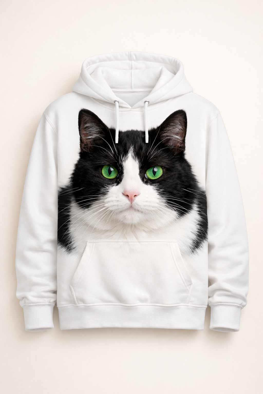Custom Pet Photo Hoodie with black and white cat portrait on cozy white fleece