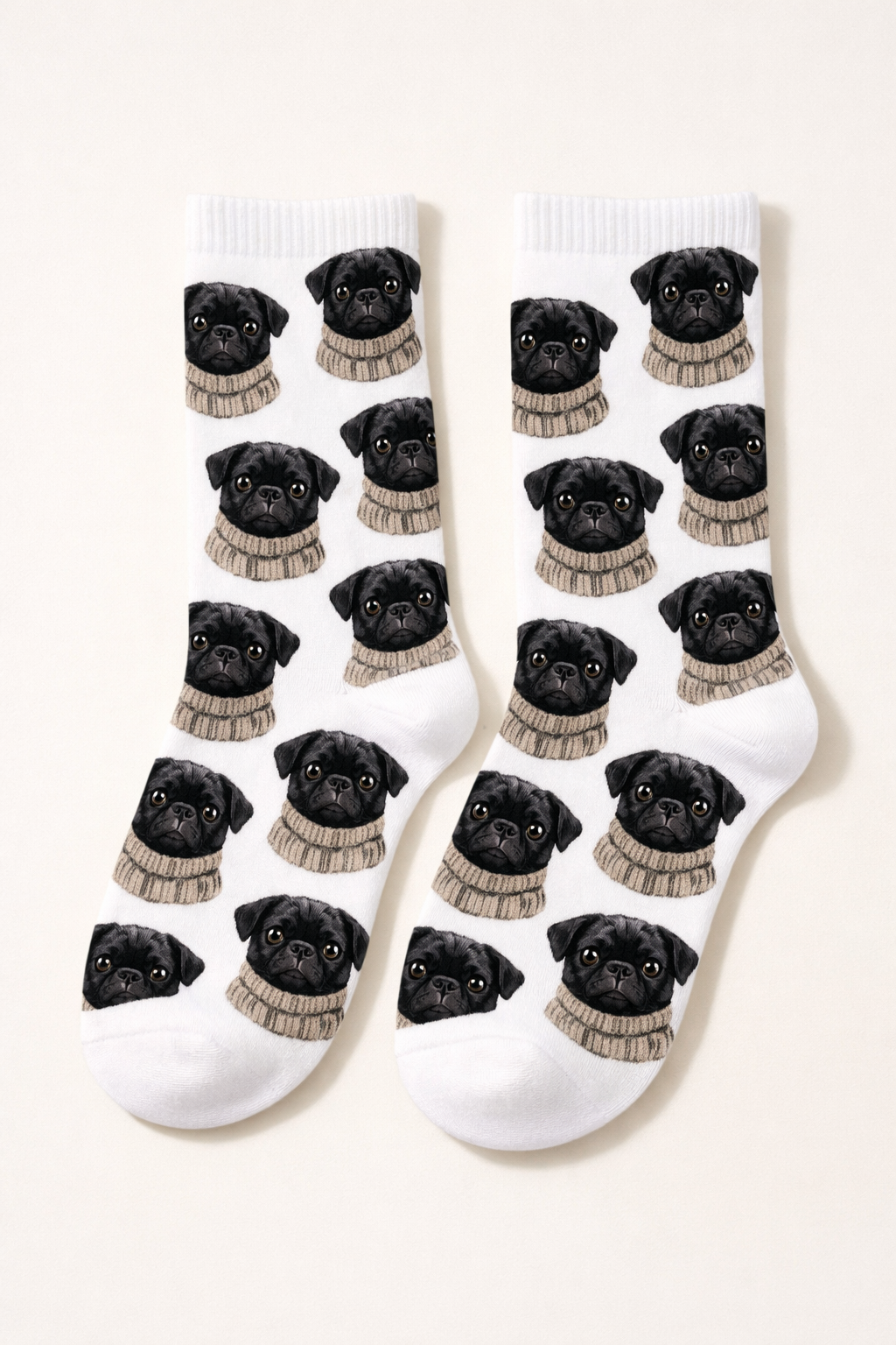 Custom Pet Face Socks with cute pug face pattern on white crew socks