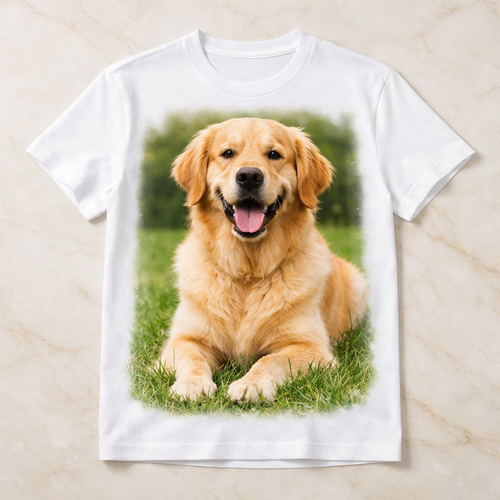 Custom Pet Photo T-Shirt featuring a golden retriever portrait on premium white cotton
